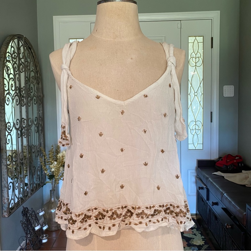 NWT Free People Sleeveless White Beaded Tie-Shoulder Top